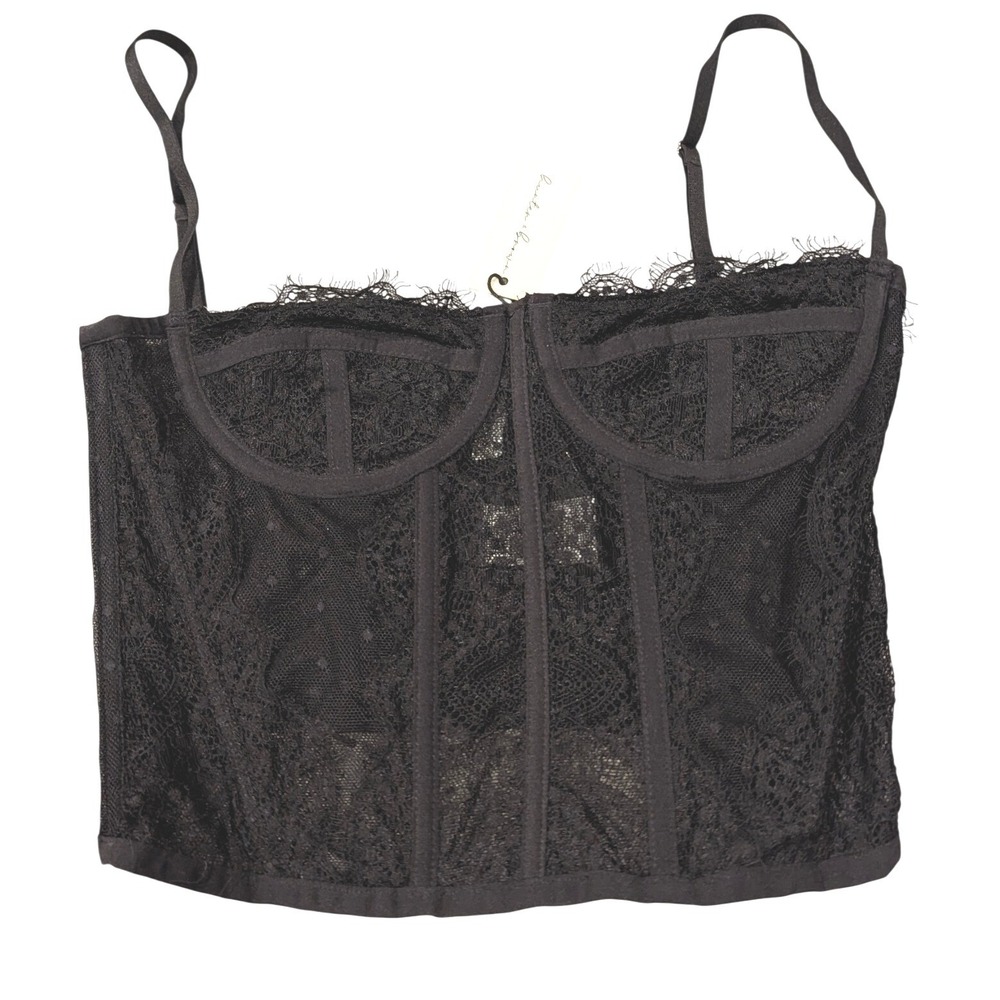 Hunter &‎ Brown Corset Top S Black Lace Polka Dot Mesh Boning Coquette